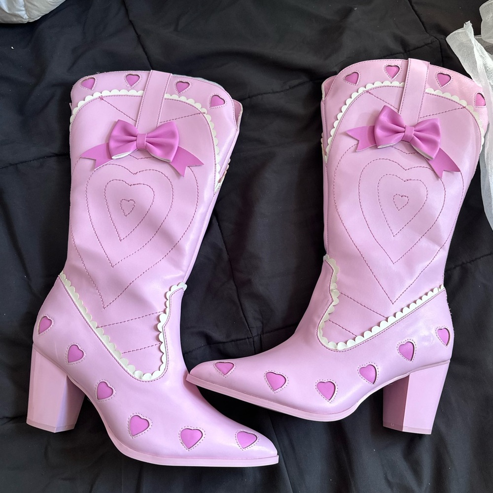 YRU Pink Heart Bow Mid-Calf Heeled Boots